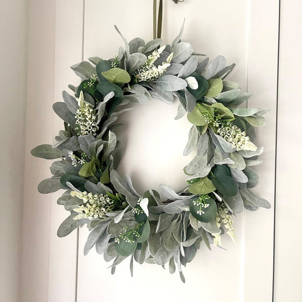 Artificial Lambs Ear and Eucalyptus greenery year round grapevine wreath for front door with additional delicate white flowers.