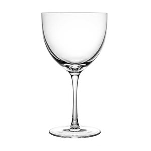 May include: A clear, stemmed wine glass with a rounded bowl and a slender stem. The glass sits on a circular base and is designed for serving wine. The glass is empty and reflects the light, highlighting its smooth, transparent surface.