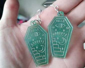 Unique ouija board, coffin, dangle drop earrings fitted with 925 stamped sterling silver hooks. Perfect gift for her/him, birthday gift