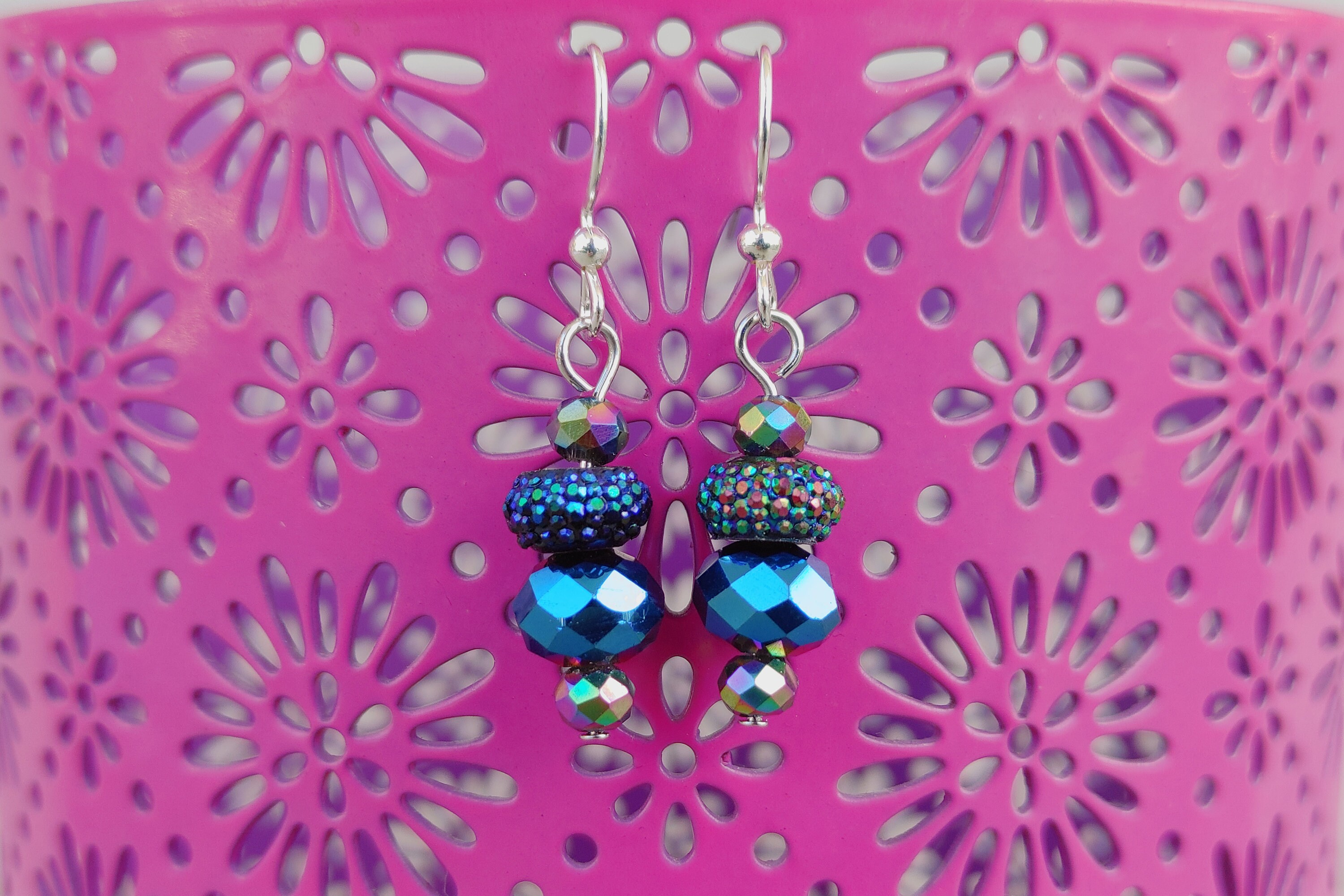 Small blue beaded dangle earrings short drop earrings iridescent blue