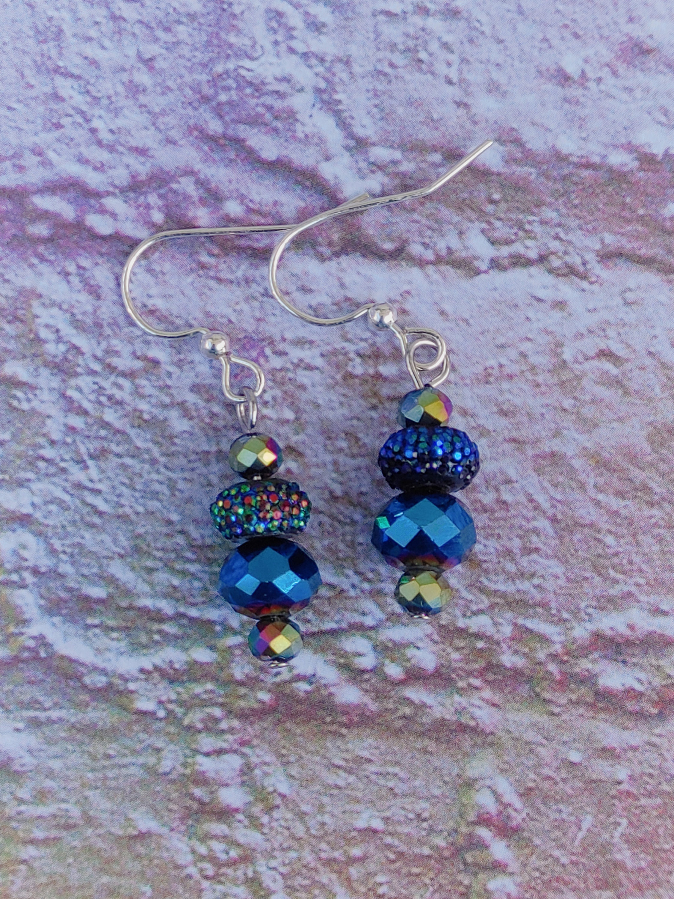 Small blue beaded dangle earrings short drop earrings iridescent blue