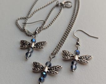 Dragonfly Necklace and Earrings Set - Iridescent Glass Bead Jewelry