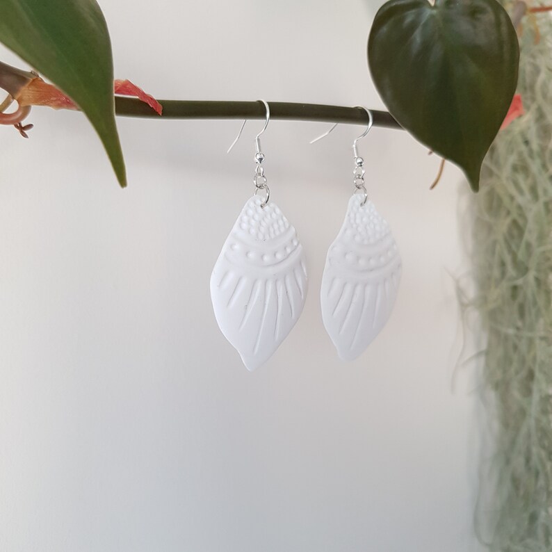 Aztec Inspired Earrings Minimalist White Hook Earrings Handmade Polymer Clay