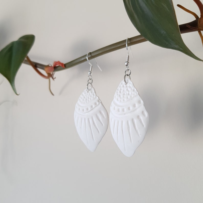 Aztec Inspired Earrings Minimalist White Hook Earrings Handmade Polymer Clay