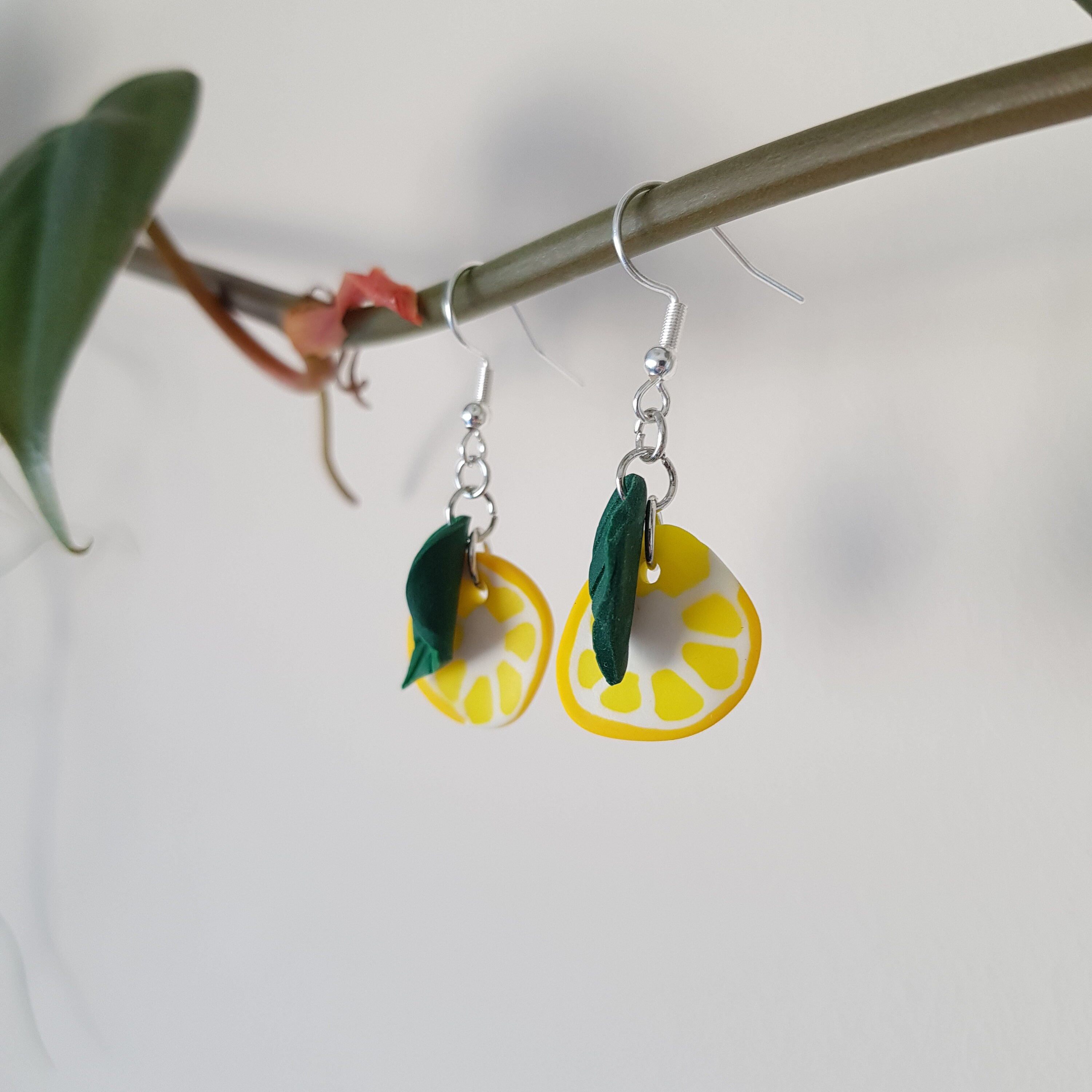 Lemon Slice Earrings // Fruit Leaf Hook Earrings // Yellow Etsy