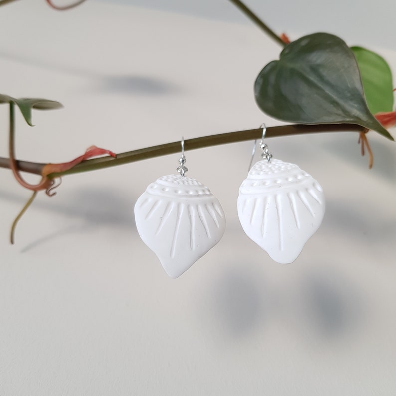 Aztec Inspired Earrings Minimalist White Hook Earrings Handmade Polymer Clay