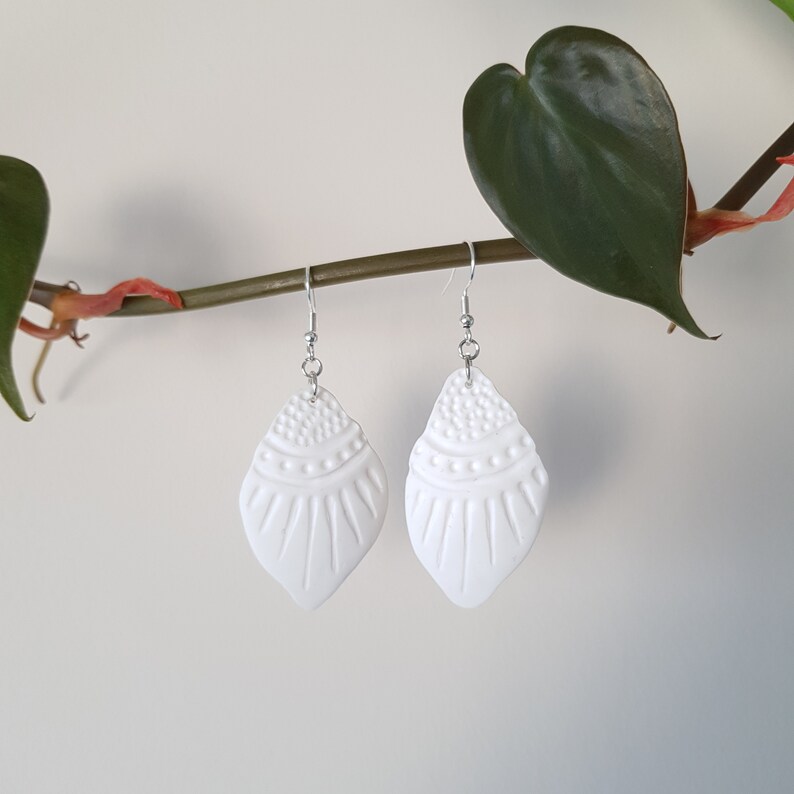 Aztec Inspired Earrings Minimalist White Hook Earrings Handmade Polymer Clay