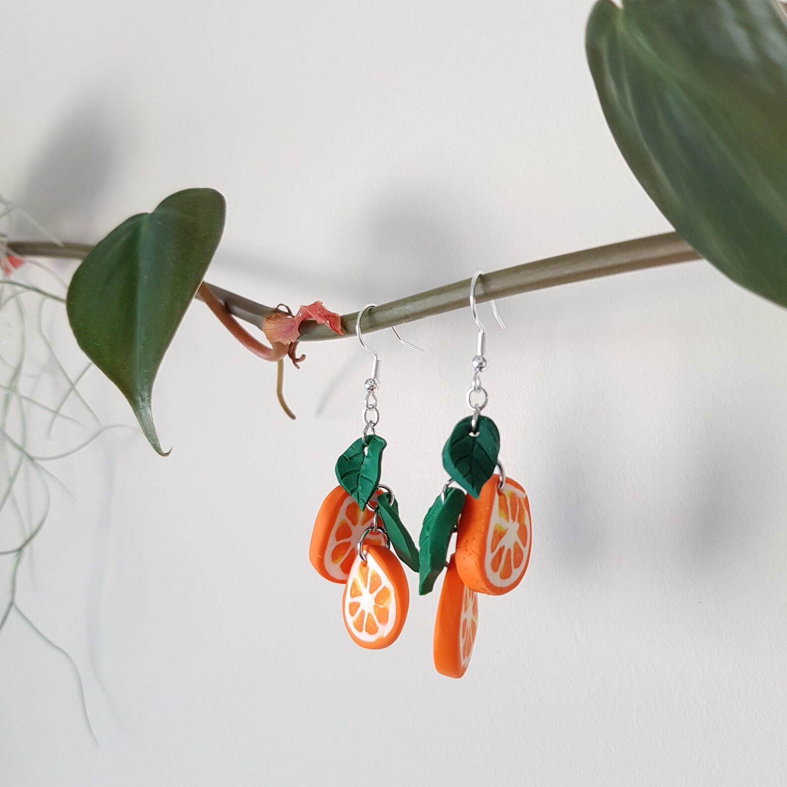 Double Orange Slice Earrings // Fruit Leaf Hook Earrings // Etsy