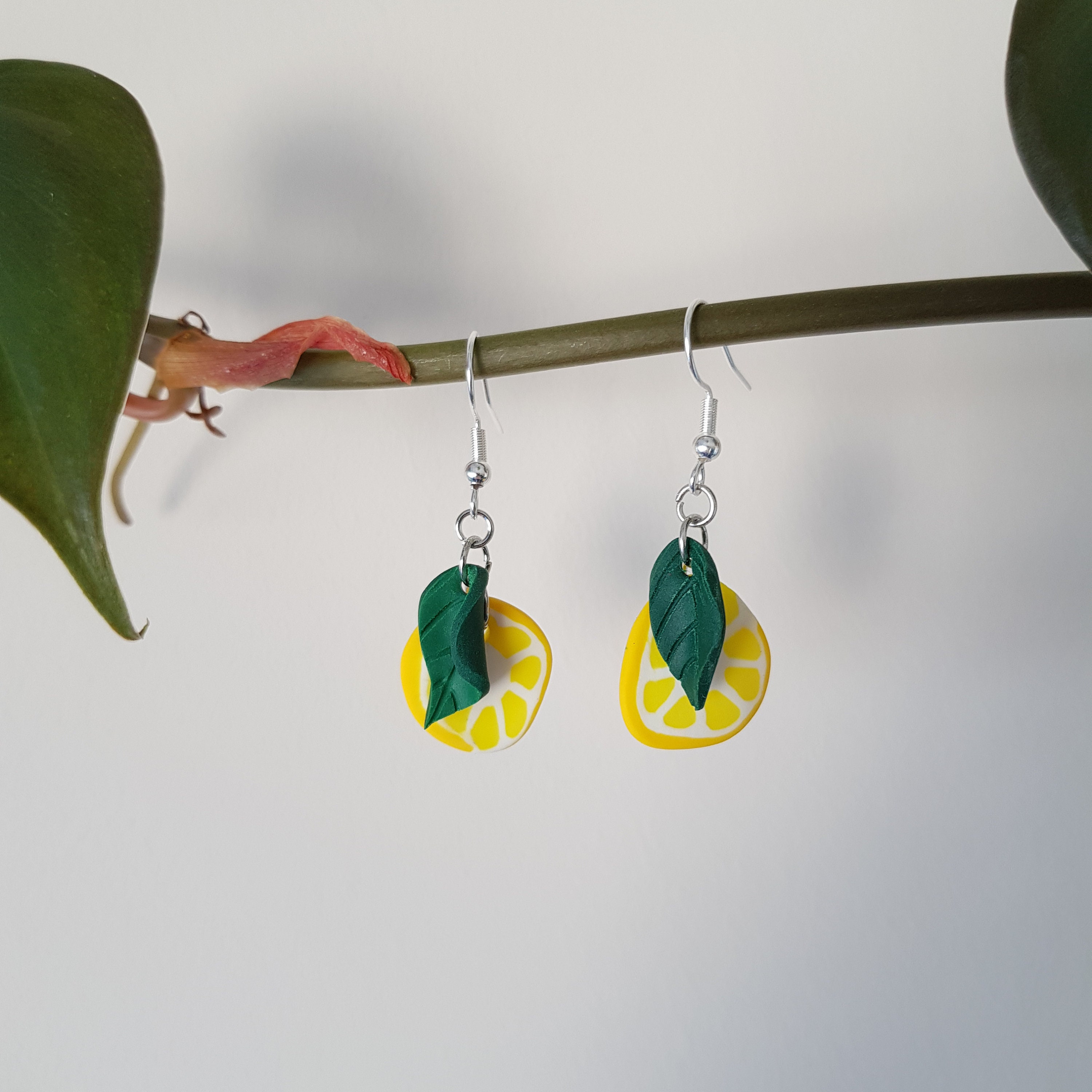 Lemon Slice Earrings // Fruit Leaf Hook Earrings // Yellow Etsy
