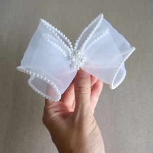 White Back to School Beaded Organza Hair Bow, Large White SchoolGirl Bow, First Grade White Dressy Bow, School Girl Outfit, Wedding Hair Bow
