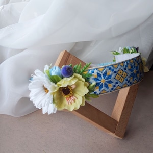 Ukrainian Headband with an Embroidered Ribbon and Yellow Blue Flowers, Ukrainian Floral Crown, Ukrainian Folk Head Attire, Traditional Vinok