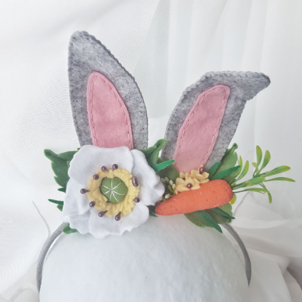 Easter Pink Gray Bunny Ears Carrot Flower Headband, Spring  display picture 2