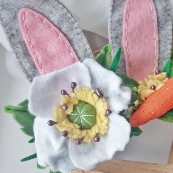 Easter Pink Gray Bunny Ears Carrot Flower Headband, Spring  display picture 1