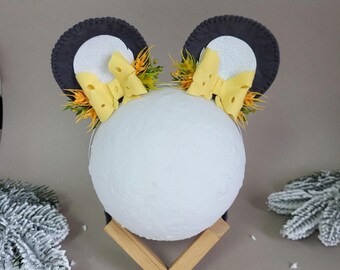 Felt Mouse Ears Headband: Floral Cheese Bow, Handmade Costume Accessory