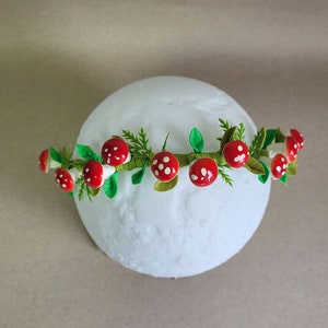 Mushroom headband with green leaves and twigs, Forest headpiece for Woodland party, Mushroom jewelry, Fly agaric crown, Fly agaric accessory
