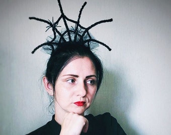 Black Spider Web Halloween Headband: Tulle & Chenille Wire Crown
