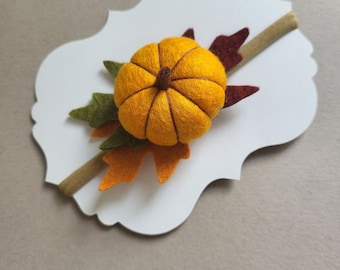 Pumpkin Headband with Autumn Leaves, Halloween Pumpkin Baby Headband, First Halloween Headband, Fall Flower Headband, Fall Pumpkin Headband