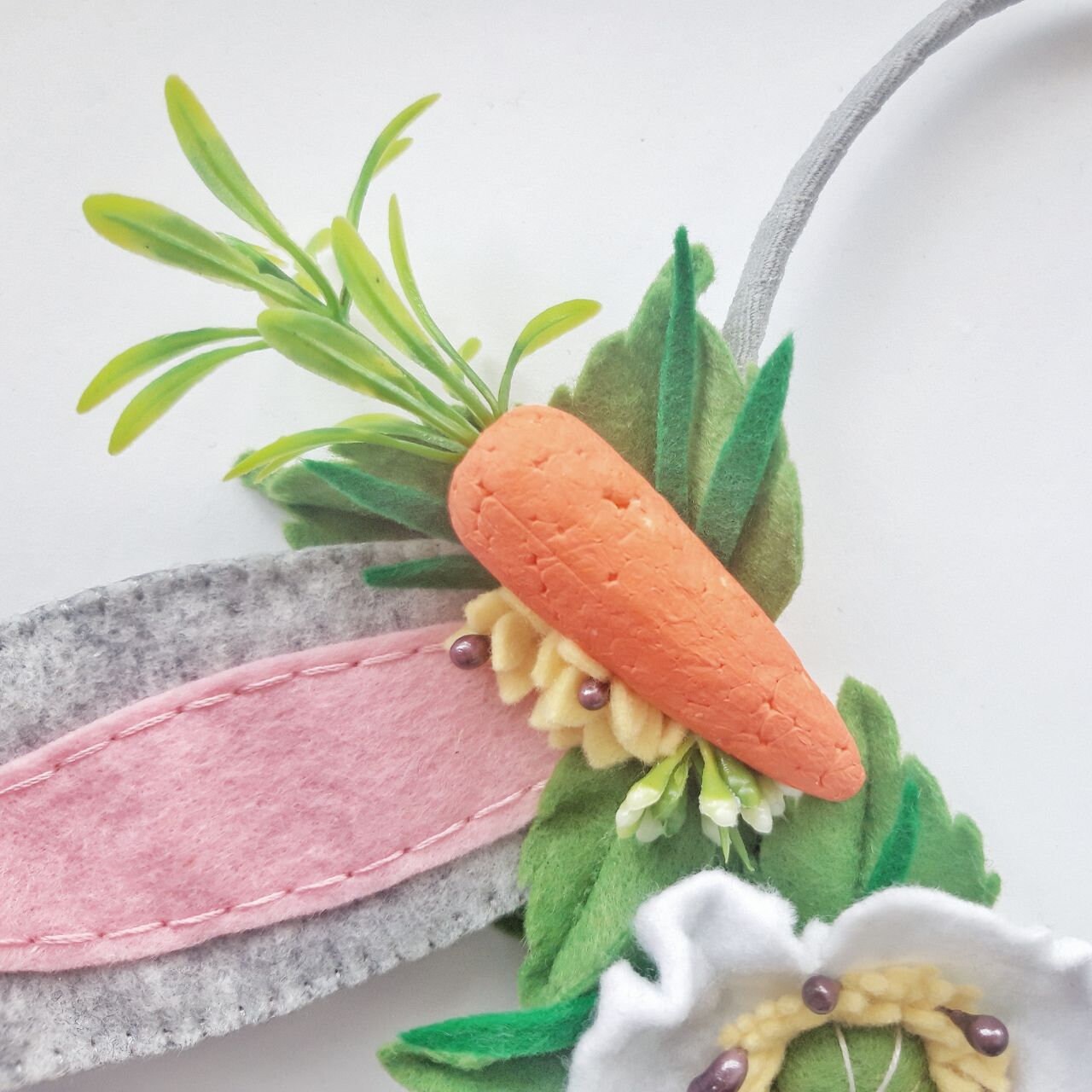 Easter Pink Gray Bunny Ears Carrot Flower Headband, Spring  display picture 3