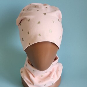 Girls Pink Hat and Snood Set: Cotton Knit with Gold Hearts
