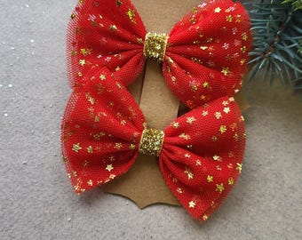 Red Christmas Hair Bow with Gold Stars - Festive Hair Clip
