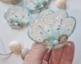 Shiny White and Turquoise Seashell Hair Clip, Mermaid Party Hair Clip, Mermaid Costume, Summer Beach  Hair Clip, Sea party hair clip