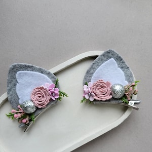 Spring Gray Cat Ears Hair Clip with Pink Flowers, Cat Ears Birthday Hair Clip, Ears Kitten, Spring Cat Hair Clip,  Kitty Ears Hair Clip