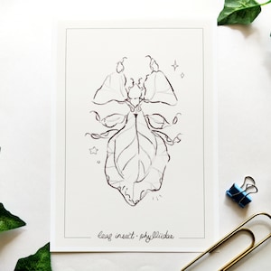 outline walking leaf insect print, A5 green bug, cottagecore wall decor, zoology animal giant malaysian leaf insect illustration, cute art