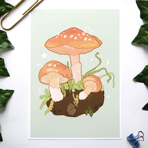impression de champignon orange, impression A5 cottagecore, champignon illustré, carte, nature, esthétique des champignons, champignon, forestcore, art mural