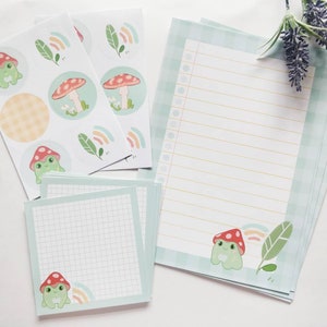 ensemble de papeterie d'écriture grenouille champignon, ensemble de correspondants cottagecore, courrier escargot, bullet journal bujo, frogcore, autocollants grenouille, pack illustré
