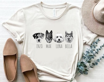 May include: A beige t-shirt with four black and white dog illustrations and their names: Enzo, Max, Luna, Bella.