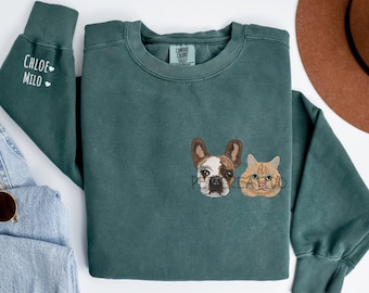 Gesticktes Haustier Porträt Komfort Farben Sweatshirt, Benutzerdefinierte Hund Rundhalsausschnitt