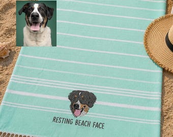 Custom Embroidered Pet Portrait Beach Towel, Personalized Dog Mom Summer Gift, Girlfriend Gift, Birthday Gift, Cotton Beach Towel customized