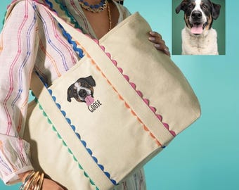 Custom EMBROIDERED Pet Portrait Tote Bag, Mother's Day Gift, Dog Mom Scalloped Shoulder Bag, Personalized Birthday Gift for Women