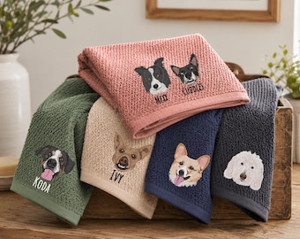 Custom Pet Portrait Hand Towel 100% Cotton, Embroidered Dog Towel, Personalized Pet Gift, Dog Mom Gift, Housewarming Gift, Home Decor Pets