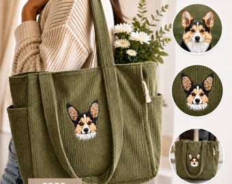Custom Pet Portrait Tote Bag, Embroidered Dog Tote Bag, Cat Mom Gift Bag, Personalized Pet Bag, Dog Mom Gift, Birthday Gift Dog Mom