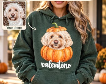 Custom Dog in a Pumpkin Hoodie for Fall, Cute Autumn Sweater, Dog Lover Gift, Dog Mom Gift, Cat Mom Gift, Pumpkin Patch, Halloween Shirt