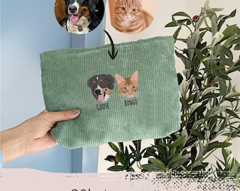 Custom Embroidered Pet Portrait Corduroy Makeup Bag, Dog Mom Gift, Birthday Gift for Women, Travel Tote, Personalized Unique Gift