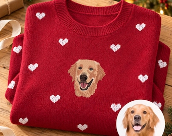 Custom Pet Portrait Heart Knit Sweater for Christmas, Embroidered From Your Photo