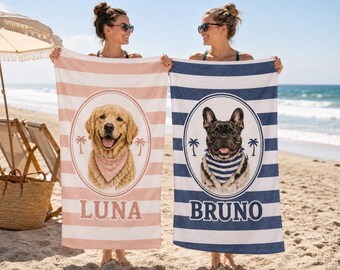 Custom Embroidered Pet Portrait Beach Towel, Personalized Dog Mom Summer Gift, Girlfriend Gift, Birthday Gift, Cotton Beach Towel customized