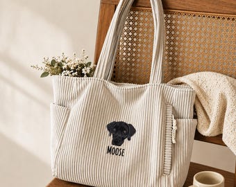 Custom Pet Portrait Tote Bag, Embroidered Dog Tote Bag, Cat Mom Gift Bag, Personalized Pet Bag, Dog Mom Gift, Birthday Gift Dog Mom