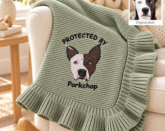 Personalized Knit Baby Blanket With Custom Dog Portrait Embroidered From Your Photo, Gift for Baby