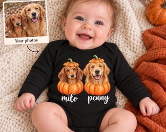 Custom Dog in a Pumpkin Baby Outfit for Fall, Cute Autumn Baby Clothes, Baby Thanksgiving Pumpkin Patch, Halloween Gift, Baby and Dog