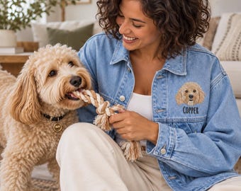 Custom Embroidered Pet Portrait Denim Jacket, Personalized Dog Mom Gift, Christmas Gift for Dog Lover, Cat Lover Gift, Pet Memorial