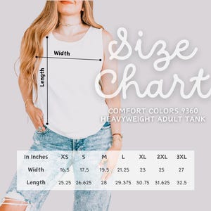 May include: White heavyweight adult tank top with a size chart. The chart shows measurements in inches for width and length, ranging from XS to 3XL. The text "Size Chart" is in a cursive font.