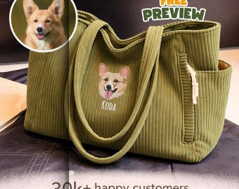 Custom Pet Portrait Tote Bag, Embroidered Dog Tote Bag, Personalized Pet Bag, Dog Mom Gift, Mother’s Day Gift