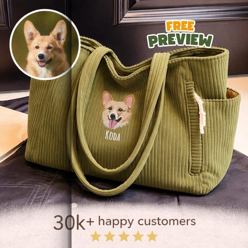 May include: Olive green corduroy tote bag with an embroidered corgi dog face and the name "KODA" below it. The bag has long handles, a side pocket, and a "FREE PREVIEW" graphic. A circular image of a corgi dog is in the upper left corner.