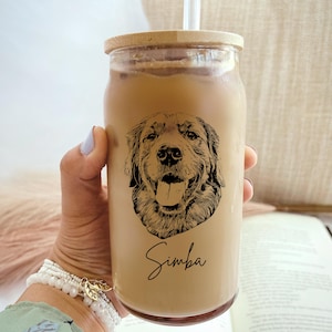 Custom Dog Beer Can Glass with Bamboo Lid, Dog Mom Glass Mug, Dog Lover Gift, Iced Coffee Cup, Pet Portrait Coffee Glass, Pet Keepsake Gift