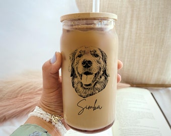 Custom Dog Beer Can Glass with Bamboo Lid, Dog Mom Glass Mug, Dog Lover Gift, Iced Coffee Cup, Pet Portrait Coffee Glass, Pet Keepsake Gift