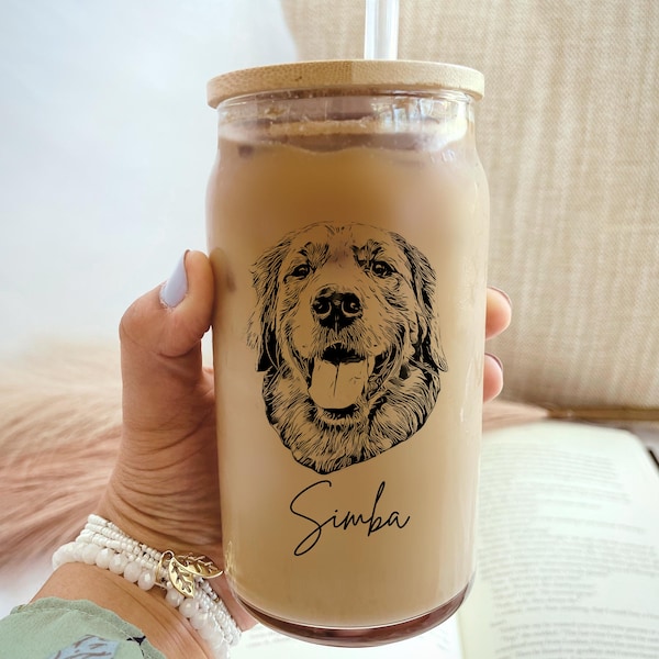 Personalisiertes Hundebierdosenglas mit Bambusdeckel, Hundemama-Glasbecher, Geschenk für Hundeliebhaber, Eiskaffeetasse, Haustierportrait-Kaffeeglas