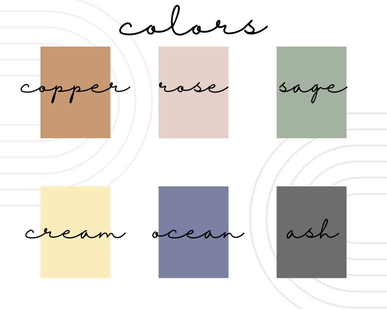 Op de afbeelding: Een kleurenpalet met de woorden "copper", "rose", "sage", "cream", "ocean" en "ash" geschreven in zwarte cursieve letters.